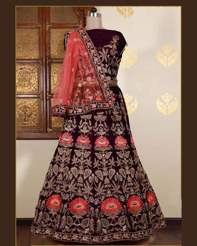 Wine Velvet Embroidered Unstitched Women Bridal Lehenga Choli & Red Embroidered Net Dupatta