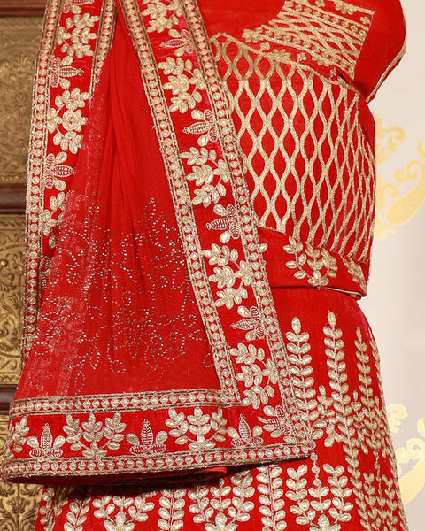 Red Velvet Embroidered Unstitched Women Bridal Lehenga Choli & Embroidered Net Dupatta