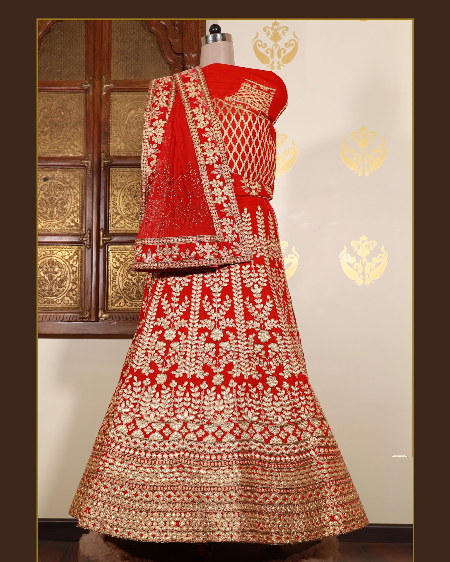 Red Velvet Embroidered Unstitched Women Bridal Lehenga Choli & Embroidered Net Dupatta