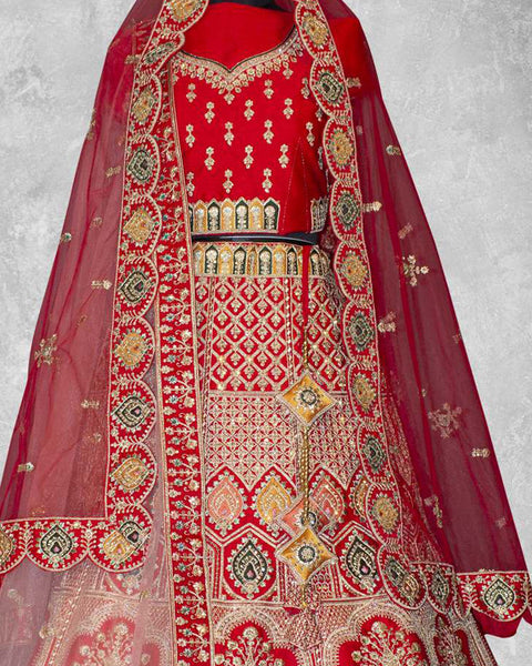 Red Velvet Embroidered Unstitched Women Bridal Lehenga Choli & Red Embroidered Net Dupatta