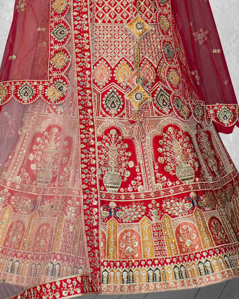 Red Velvet Embroidered Unstitched Women Bridal Lehenga Choli & Red Embroidered Net Dupatta