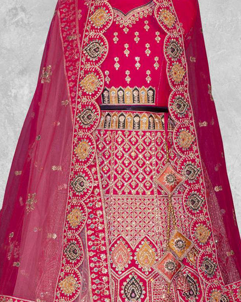 Pink Velvet Embroidered Unstitched Women Bridal Lehenga Choli & Pink Embroidered Net Dupatta