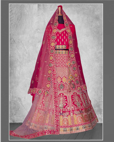 Pink Velvet Embroidered Unstitched Women Bridal Lehenga Choli & Pink Embroidered Net Dupatta