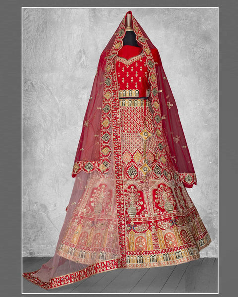 Red Velvet Embroidered Unstitched Women Bridal Lehenga Choli & Red Embroidered Net Dupatta