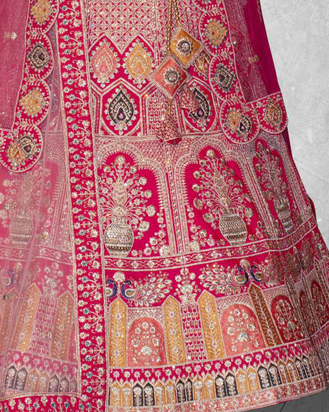 Pink Velvet Embroidered Unstitched Women Bridal Lehenga Choli & Pink Embroidered Net Dupatta