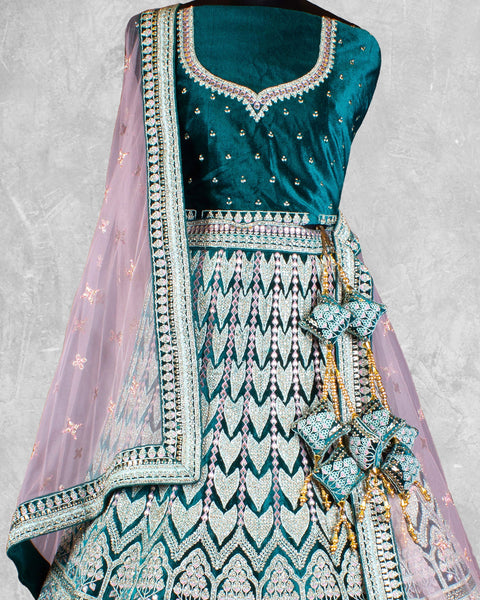 Teal Velvet Stone Work Women Unstitched Bridal Lehenga Choli With Net Dupatta