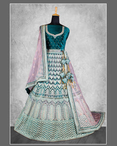 Teal Velvet Stone Work Women Unstitched Bridal Lehenga Choli With Net Dupatta