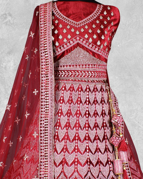 Red Velvet Stone Work Women Unstitched Bridal Lehenga Choli With Net Dupatta
