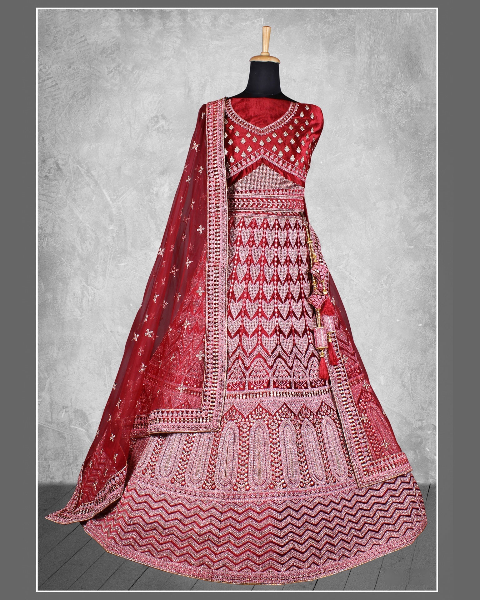 Red Velvet Stone Work Women Unstitched Bridal Lehenga Choli With Net Dupatta