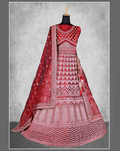 Red Velvet Stone Work Women Unstitched Bridal Lehenga Choli With Net Dupatta