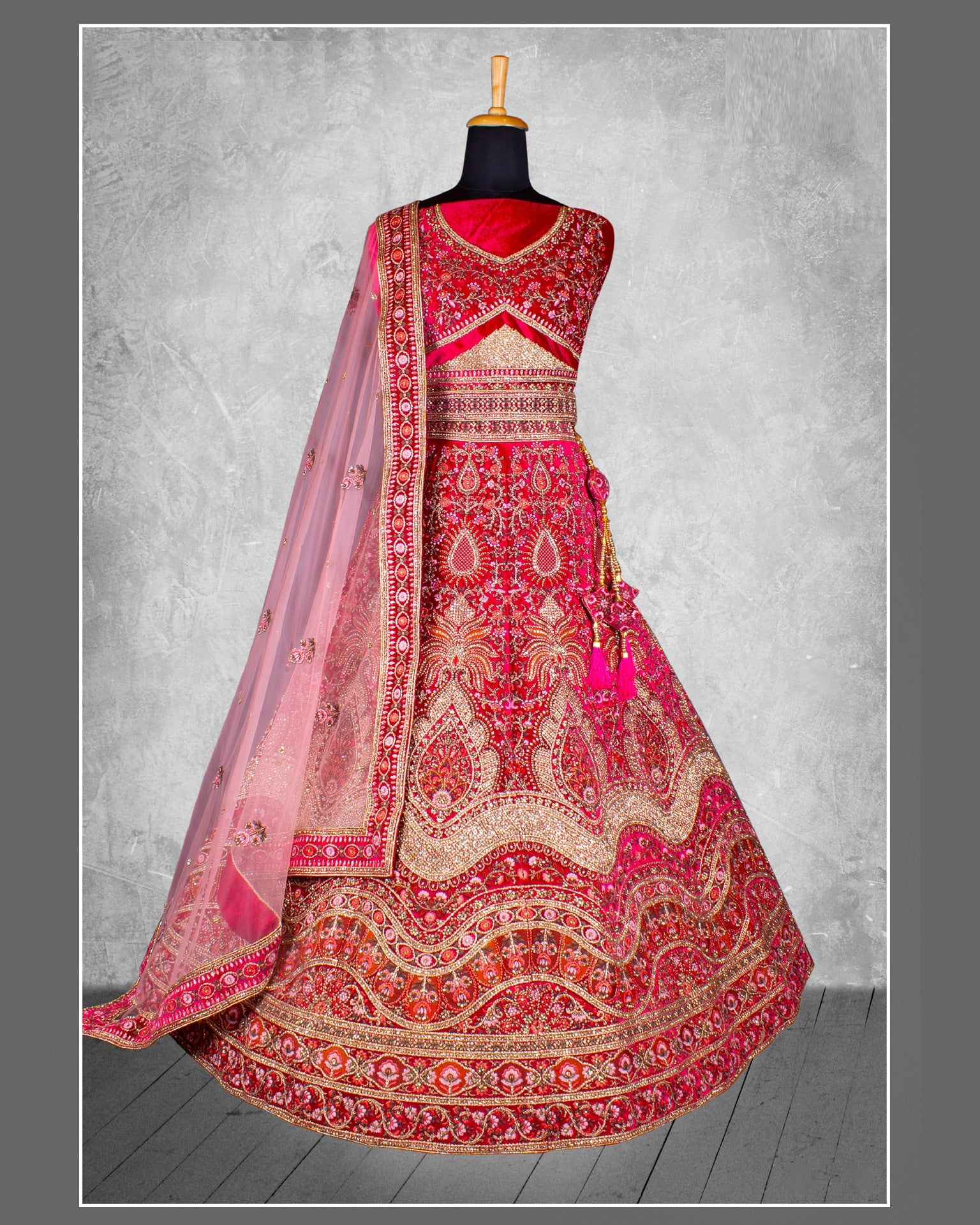 Pink Velvet Thread Work Women Unstitched Bridal Lehenga Choli With Net Dupatta