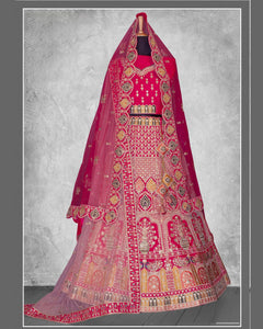 Pink Velvet Stone Work Women Unstitched Bridal Lehenga Choli With Net Dupatta