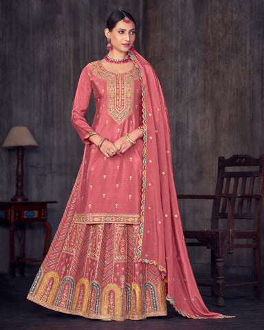 Red Chinnon Silk Embroidered Lehenga Suit With Embroidered Dupatta