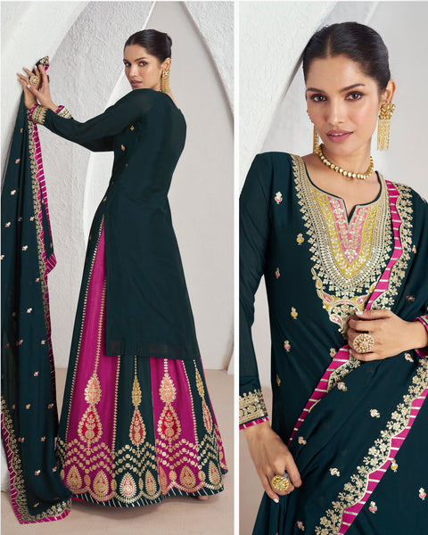 Black & Pink Chinnon Silk Readymade Lehenga Suit With Sequins & Thread Work & Embroidered Dupatta