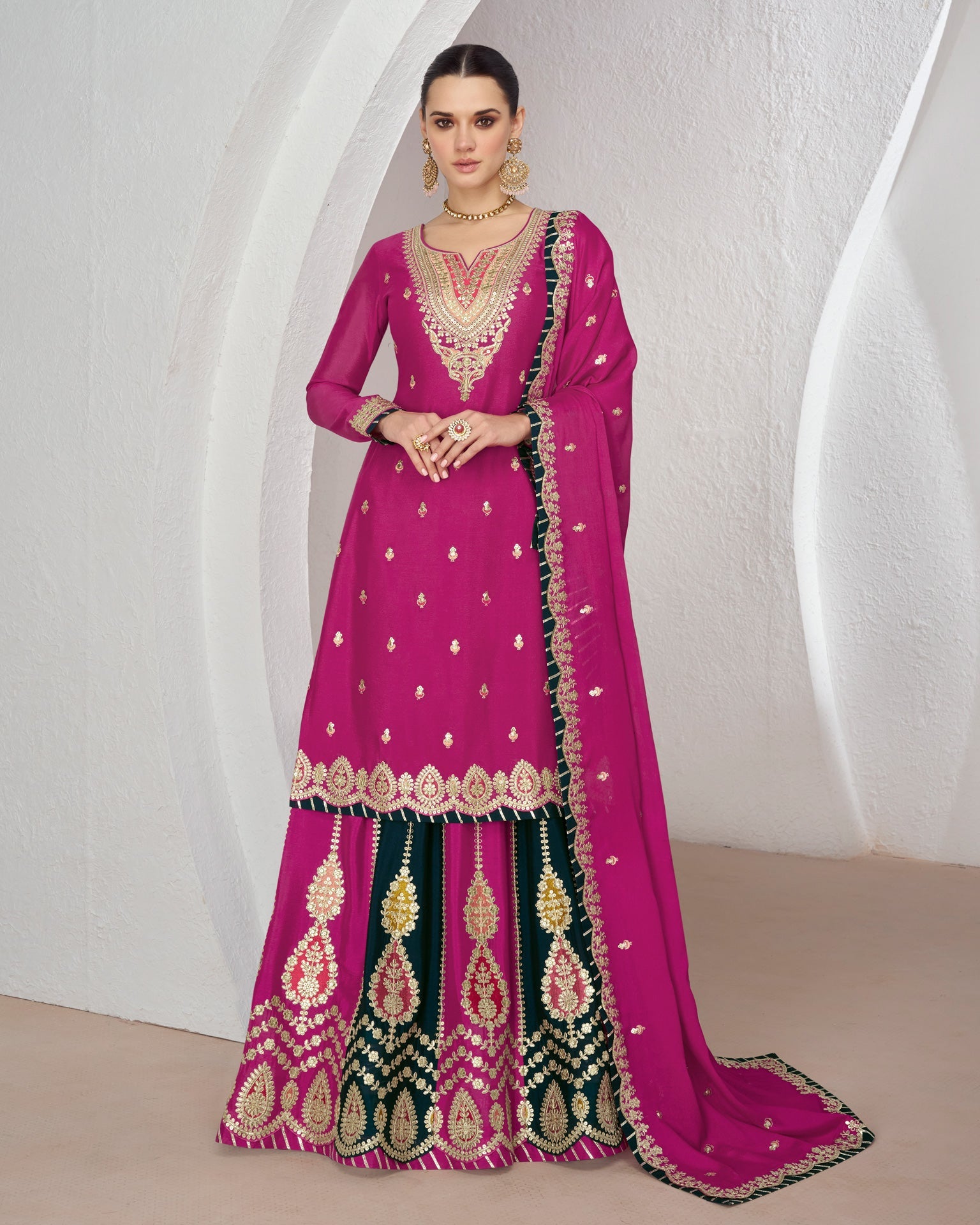 Pink & Black Chinnon Silk Readymade Lehenga Suit With Sequins & Thread Work & Embroidered Dupatta