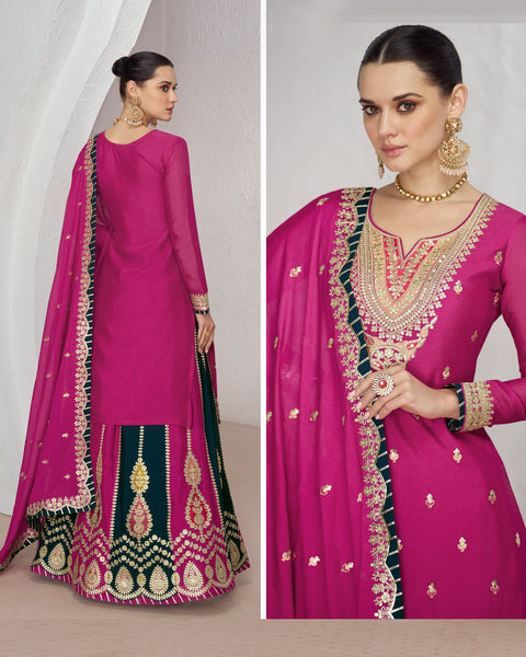 Pink & Black Chinnon Silk Readymade Lehenga Suit With Sequins & Thread Work & Embroidered Dupatta