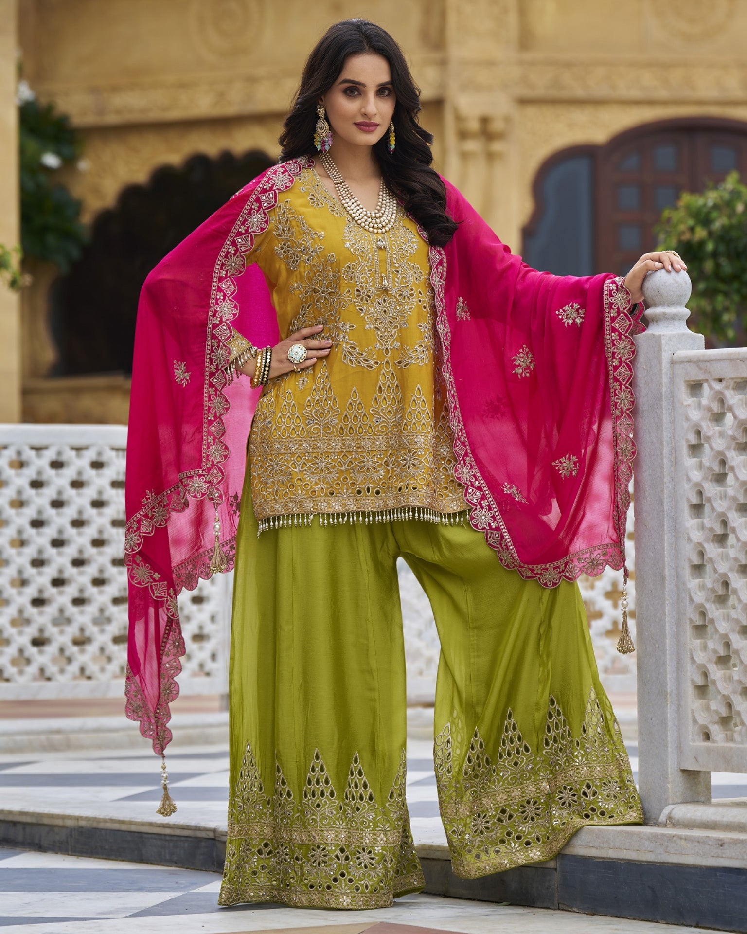 Yellow Green Women Readymade Chinnon Silk Sequins Cut Work Palazzo Suit With Pink Chinnon Dupatta