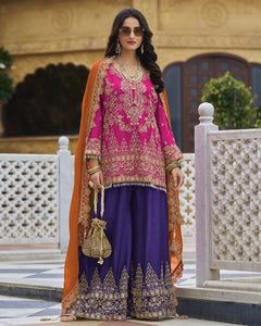 Pink Blue Women Readymade Chinnon Silk Sequins Cut Work Palazzo Suit With Orange Chinnon Dupatta