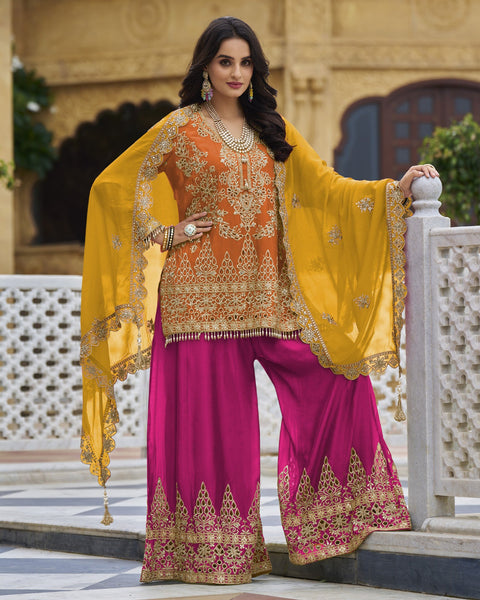 Orange Pink Women Readymade Chinnon Silk Sequins Cut Work Palazzo Suit With Yellow Chinnon Dupatta