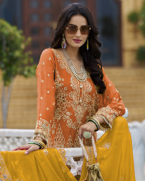 Orange Pink Women Readymade Chinnon Silk Sequins Cut Work Palazzo Suit With Yellow Chinnon Dupatta