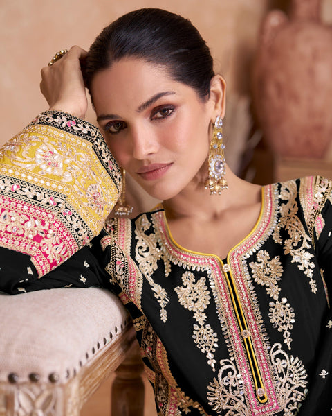 Black Mirror Work Chinnon Silk Palazzo Suit With Embroidered Dupatta