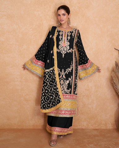 Black Mirror Work Chinnon Silk Palazzo Suit With Embroidered Dupatta