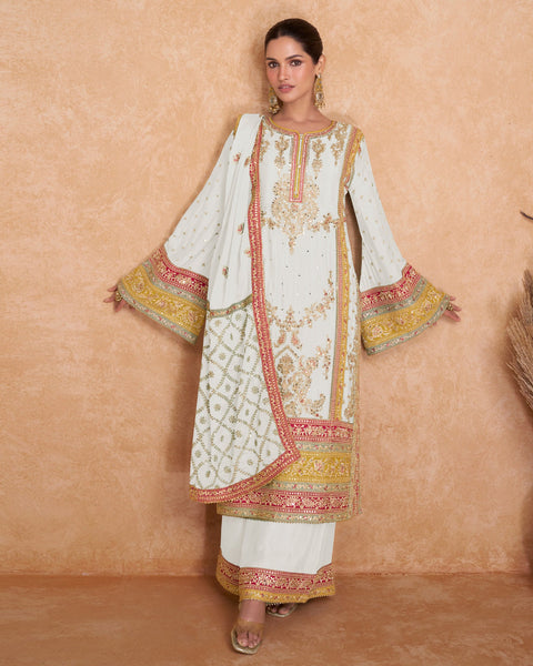White Mirror Work Chinnon Silk Palazzo Suit With Embroidered Dupatta