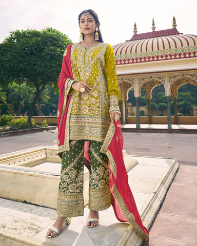 Yellow & Green Zari Work Chinnon Bridal Palazzo Suit With Embroidered Pink Dupatta