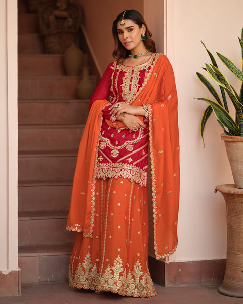 Red Orange Chinnon Silk Readymade Woman Palazzo Suit With Embroidered Dupatta