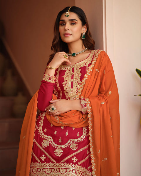 Red Orange Chinnon Silk Readymade Woman Palazzo Suit With Embroidered Dupatta