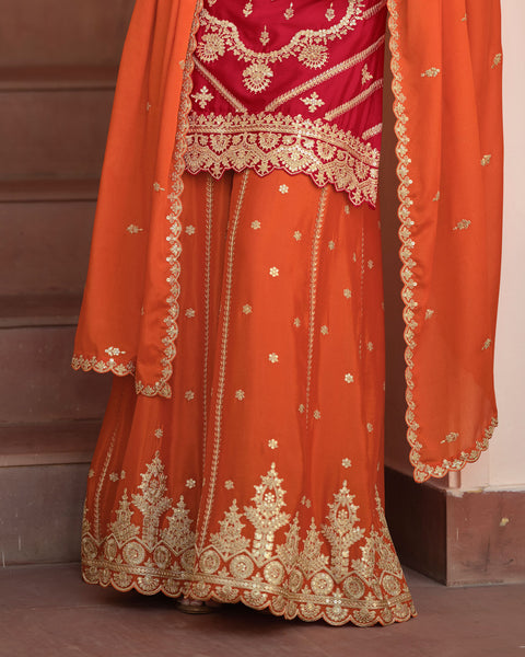 Red Orange Chinnon Silk Readymade Woman Palazzo Suit With Embroidered Dupatta
