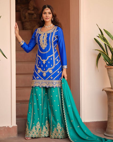 Blue Chinnon Silk Readymade Woman Palazzo Suit With Embroidered Dupatta