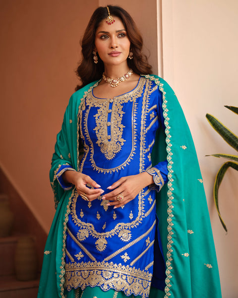 Blue Chinnon Silk Readymade Woman Palazzo Suit With Embroidered Dupatta