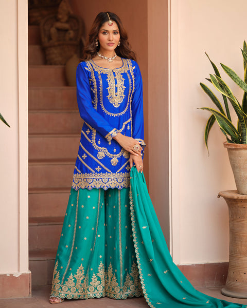 Blue Chinnon Silk Readymade Woman Palazzo Suit With Embroidered Dupatta