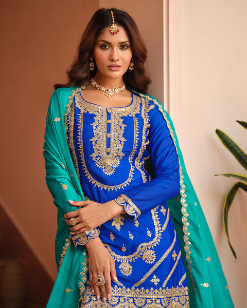 Blue Chinnon Silk Readymade Woman Palazzo Suit With Embroidered Dupatta