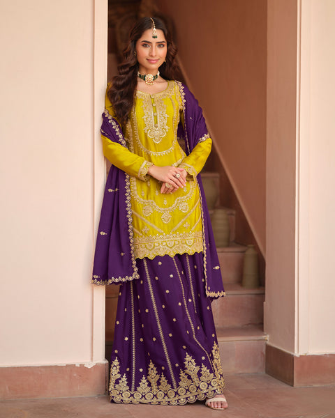 Yellow Purple Chinnon Silk Readymade Woman Palazzo Suit With Embroidered Dupatta