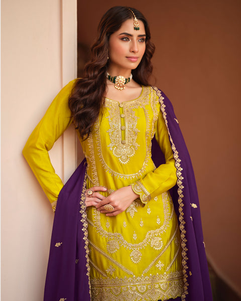 Yellow Purple Chinnon Silk Readymade Woman Palazzo Suit With Embroidered Dupatta