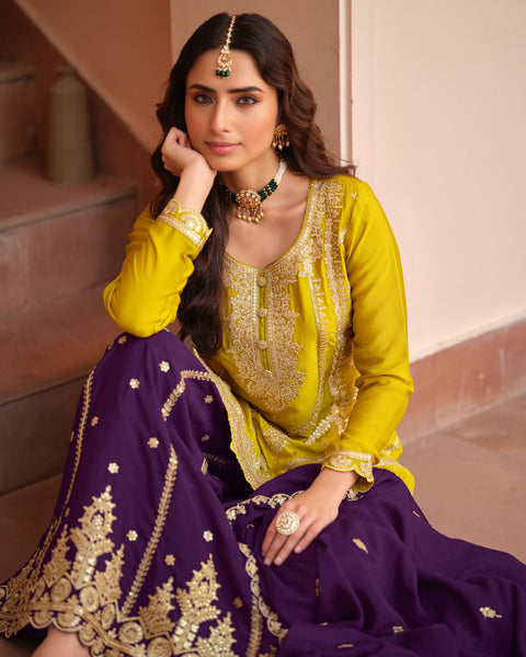 Yellow Purple Chinnon Silk Readymade Woman Palazzo Suit With Embroidered Dupatta