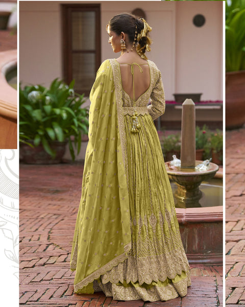 Green Chinnon Silk Readymade Anarkali Lehenga Suit For Women