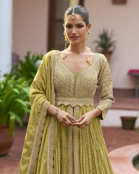 Green Chinnon Silk Readymade Anarkali Lehenga Suit For Women