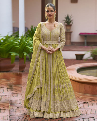 Green Chinnon Silk Readymade Anarkali Lehenga Suit For Women