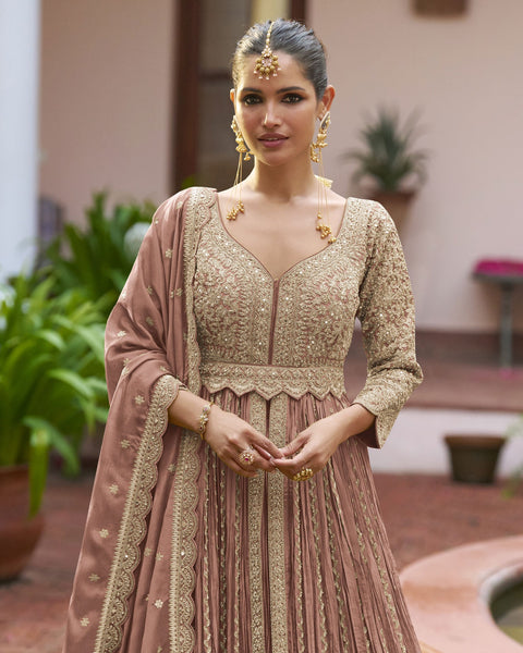 Pink Chinnon Silk Readymade Anarkali Lehenga Suit For Women