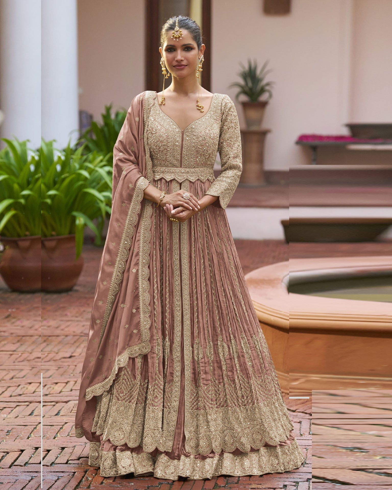 Pink Chinnon Silk Readymade Anarkali Lehenga Suit For Women