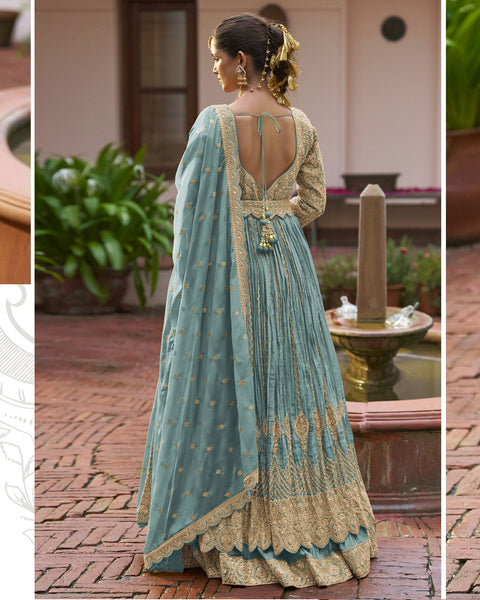 Sky Blue Chinnon Silk Readymade Anarkali Lehenga Suit For Women