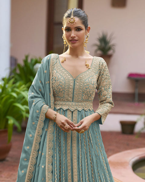 Sky Blue Chinnon Silk Readymade Anarkali Lehenga Suit For Women