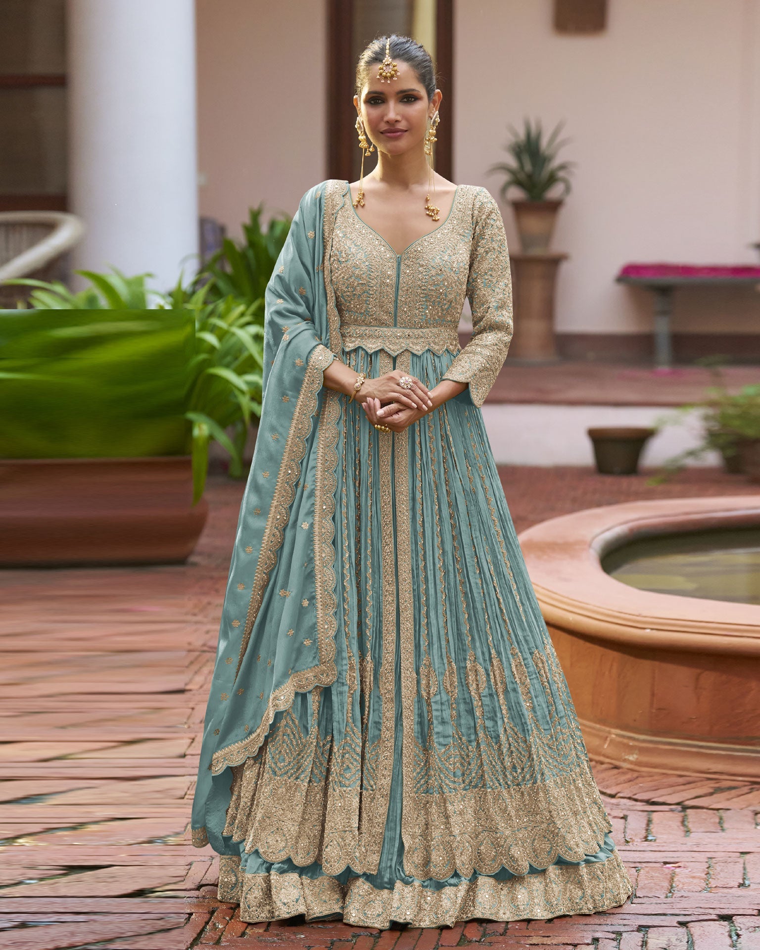 Sky Blue Chinnon Silk Readymade Anarkali Lehenga Suit For Women