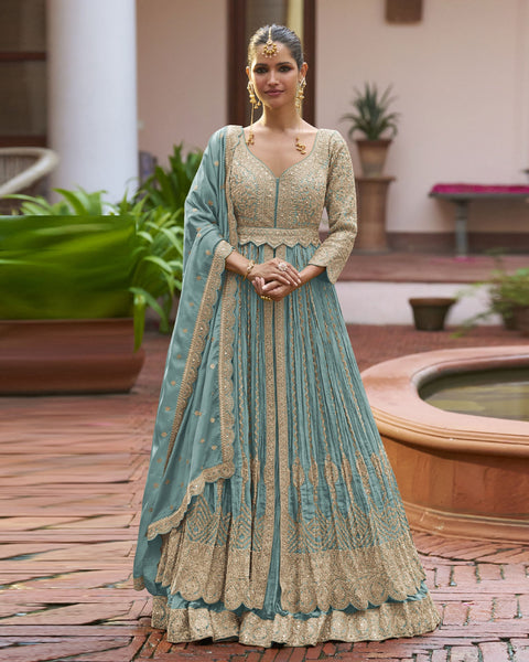 Sky Blue Chinnon Silk Readymade Anarkali Lehenga Suit For Women