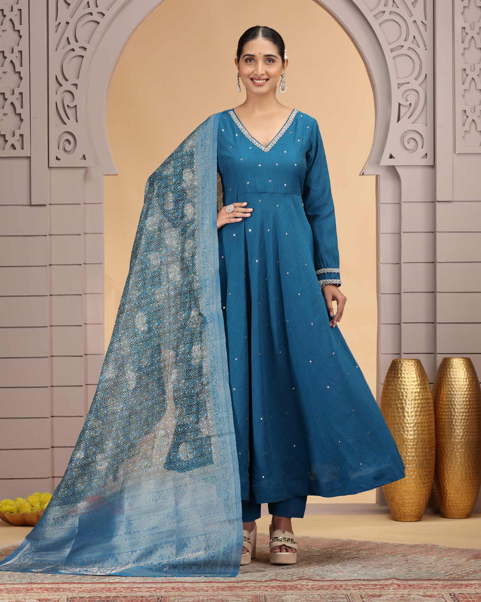 Blue Readymade Chiffon Frock Suit For Woman With Chanderi Jacquard Dupatta