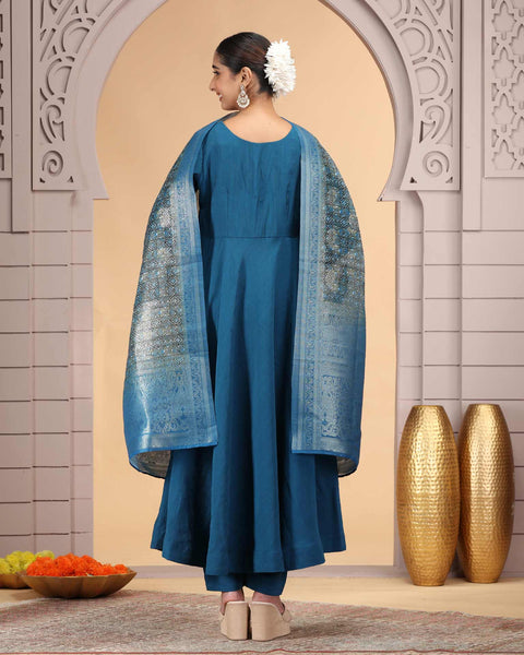 Blue Readymade Chiffon Frock Suit For Woman With Chanderi Jacquard Dupatta