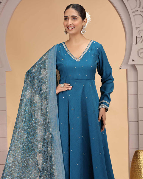 Blue Readymade Chiffon Frock Suit For Woman With Chanderi Jacquard Dupatta